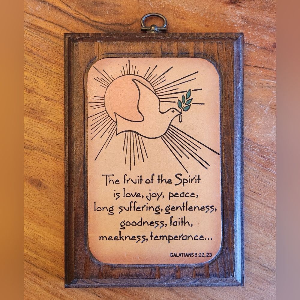 Vintage Religious Wood / Leather Bible Verse Wall Art w/ Dove & Sunburst
